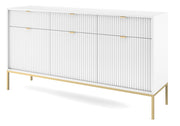 Commode 3 portes Vellore 154 cm blanche avec façades rainurées et structure dorée