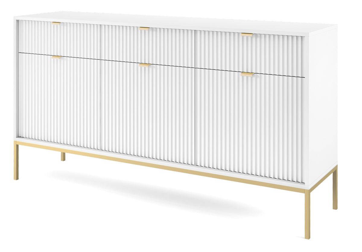 Commode 3 portes Vellore 154 cm blanche avec façades rainurées et structure dorée