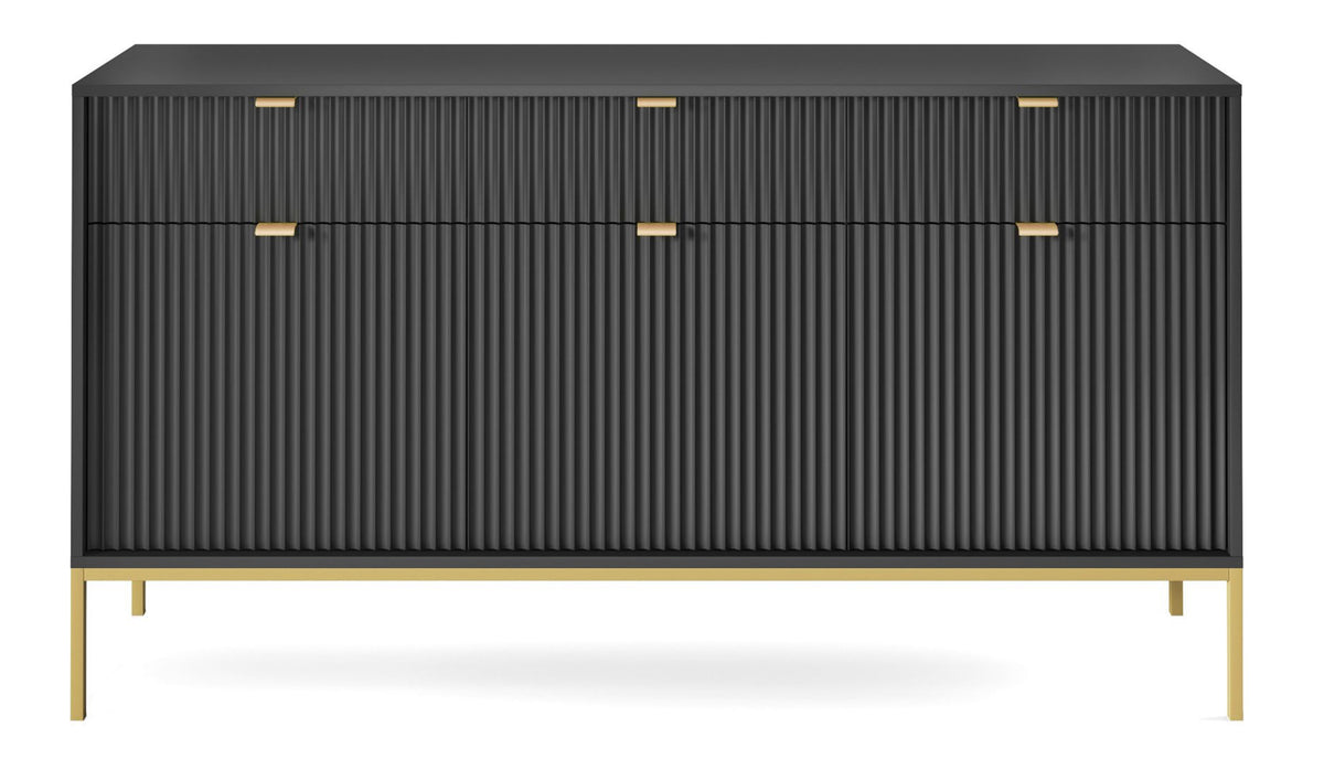 Drehtür-Kommode Vellore 154 cm schwarz mit gerillten Fronten und goldenem Gestell