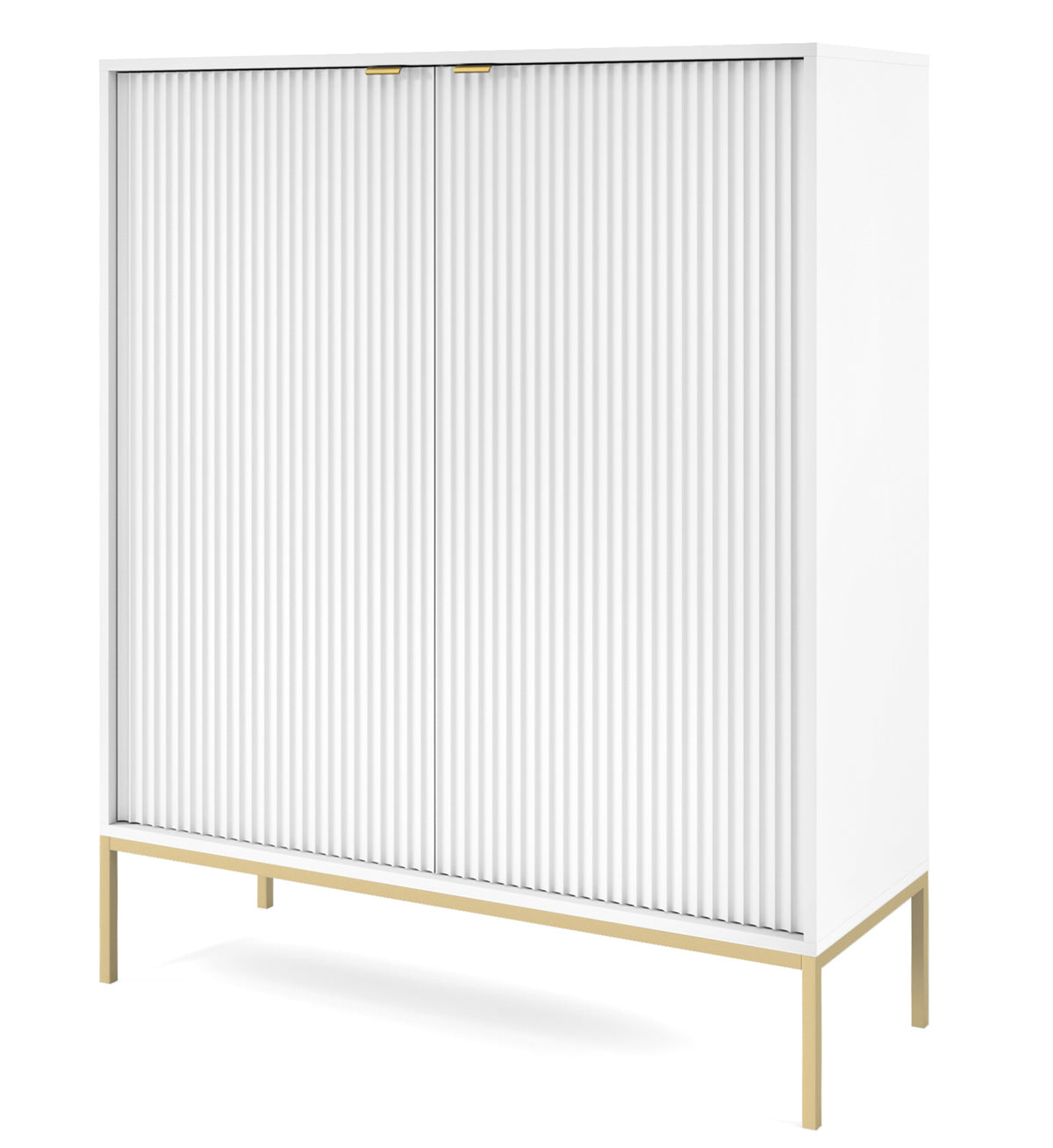 Commode haute Vellore blanche avec façades rainurées et structure dorée