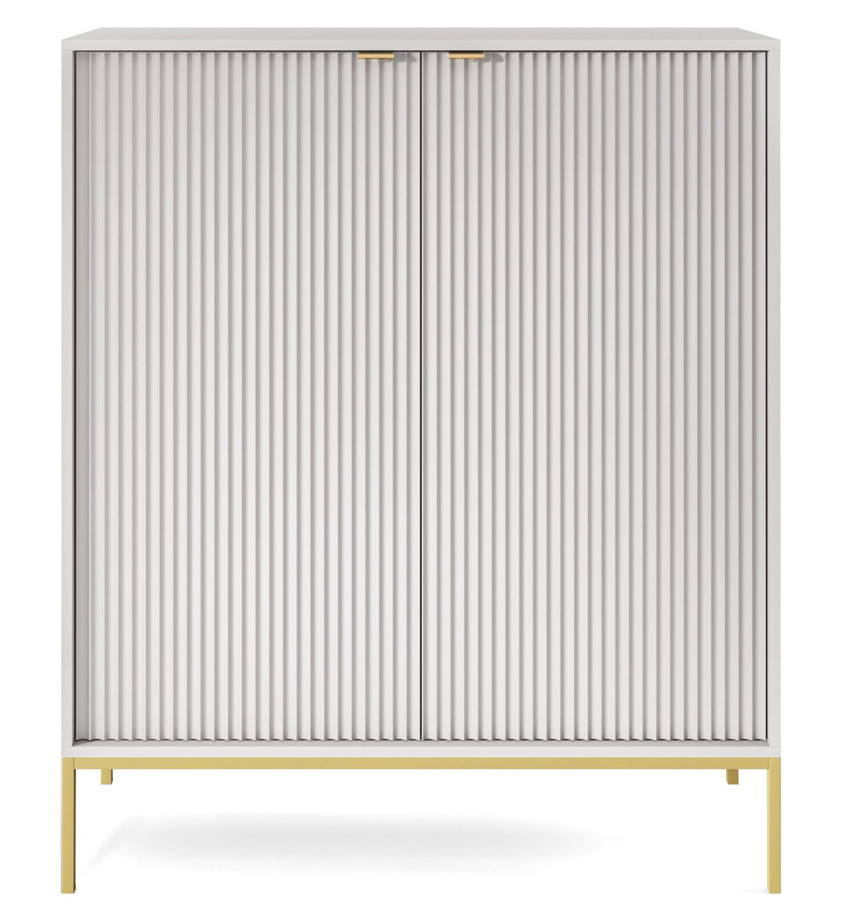 Commode haute Vellore grise avec façades rainurées et structure dorée