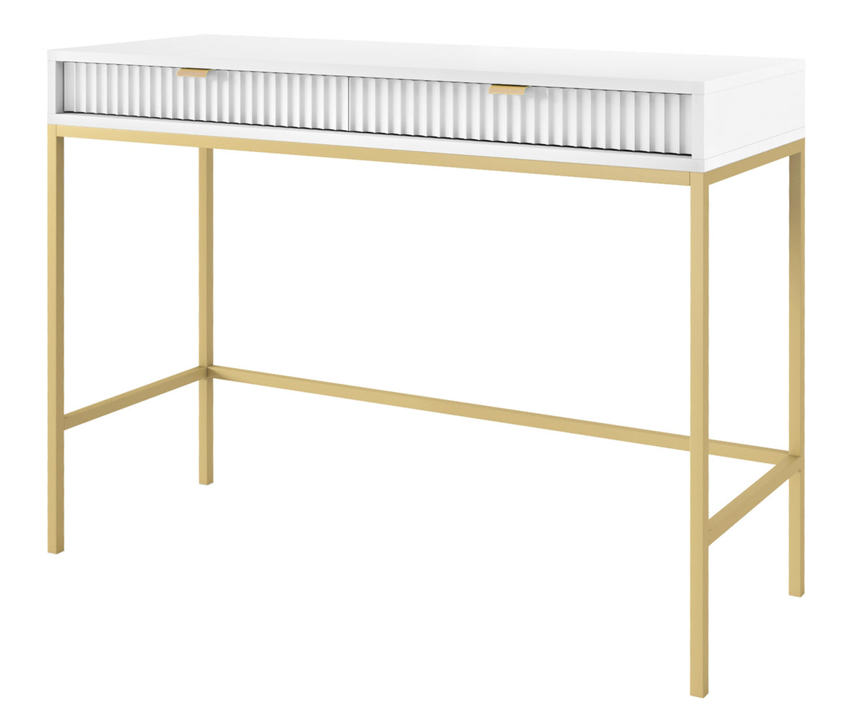 Bureau coiffeuse Vellore 104 cm blanc avec façades rainurées et structure dorée