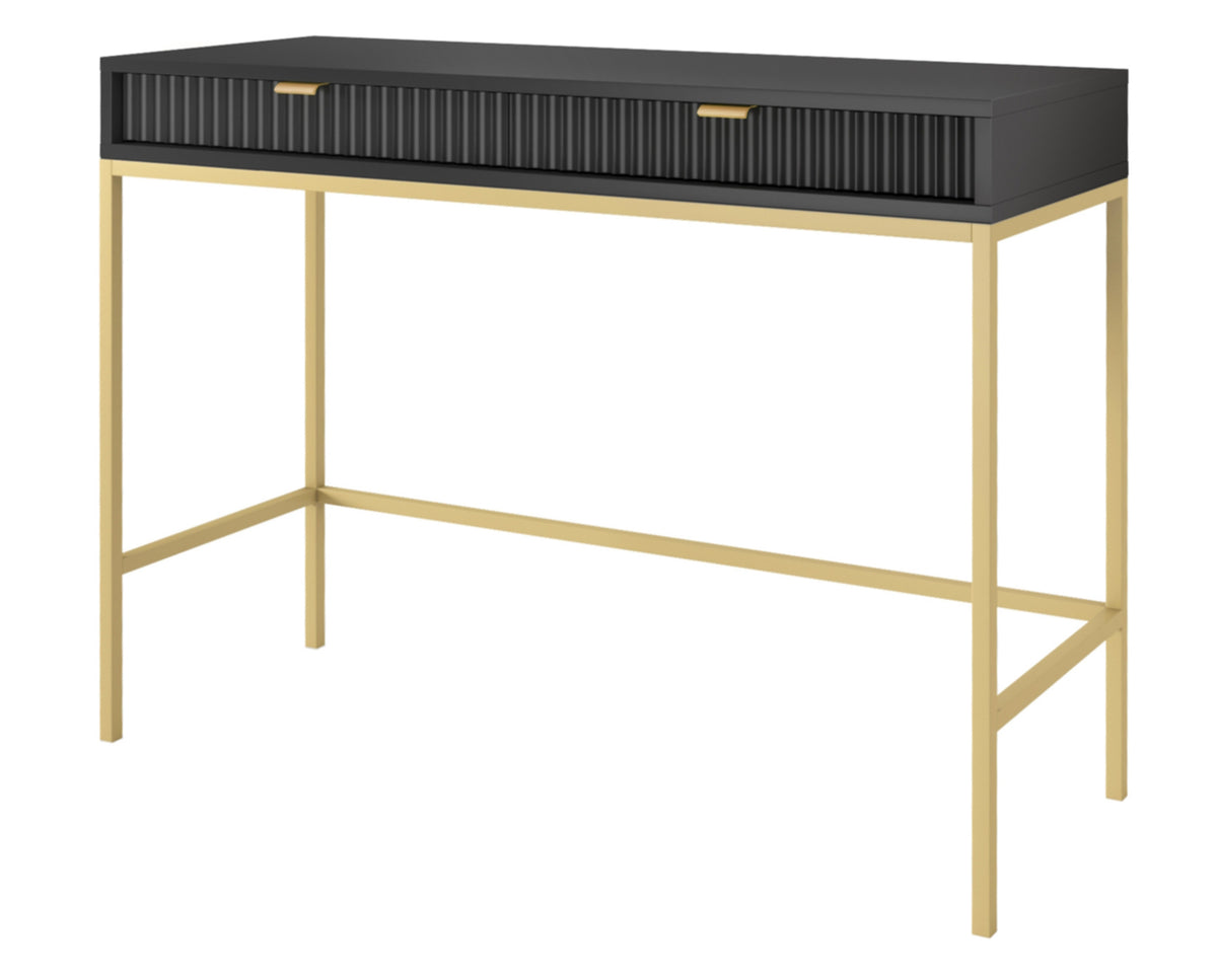 Schminktisch Vellore 104 cm schwarz mit gerillten Fronten und goldenem Gestell