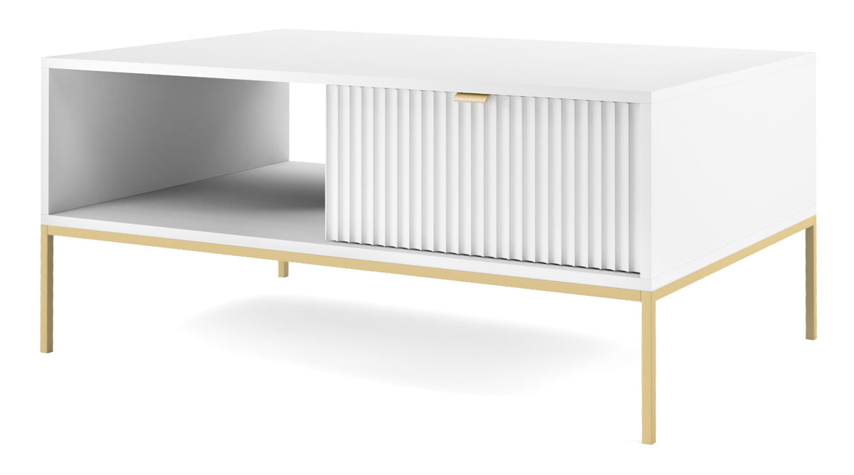 Table basse Vellore 104x68 cm blanche avec façade rainurée et structure dorée