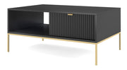 Table basse Vellore 104x68 cm noire avec façade rainurée et structure dorée