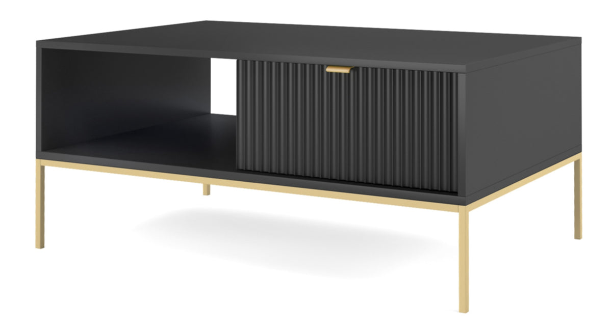 Table basse Vellore 104x68 cm noire avec façade rainurée et structure dorée