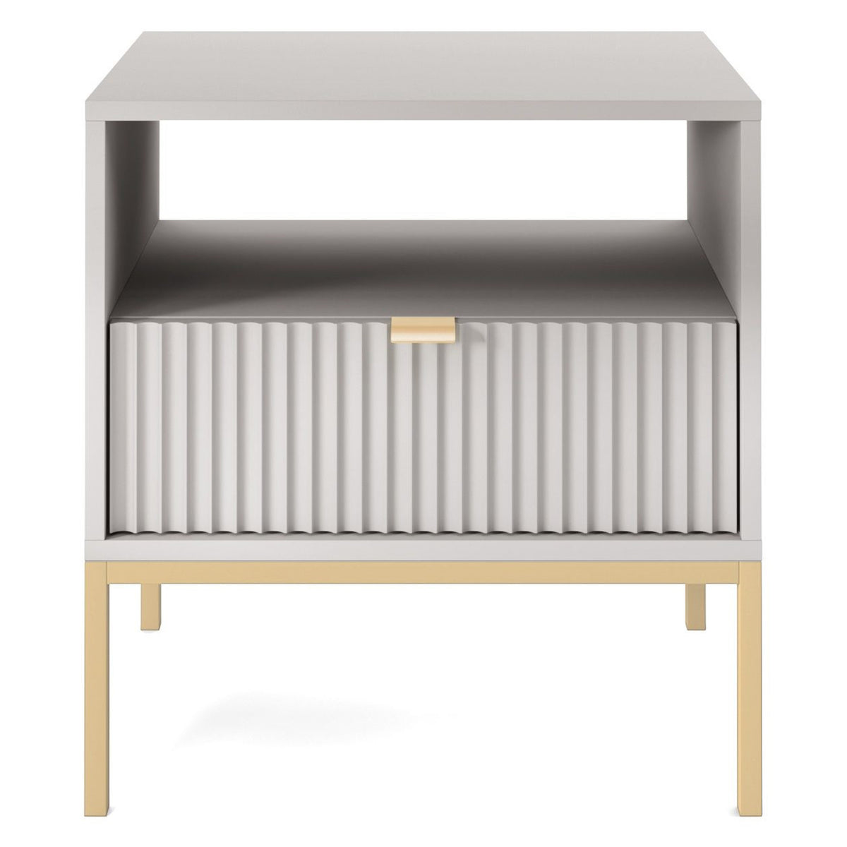 Table de chevet Vellore 54 cm grise avec façade rainurée et structure dorée
