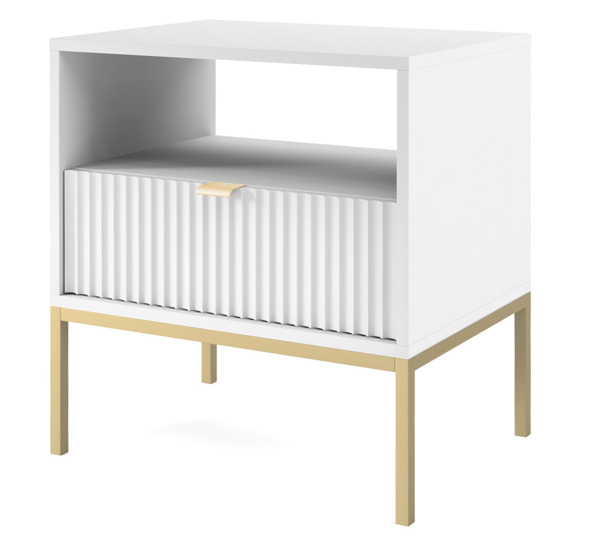 Table de chevet Vellore 54 cm blanche avec façade rainurée et structure dorée