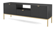 Meuble TV Vellore 154 cm noir avec façades rainurées et structure dorée