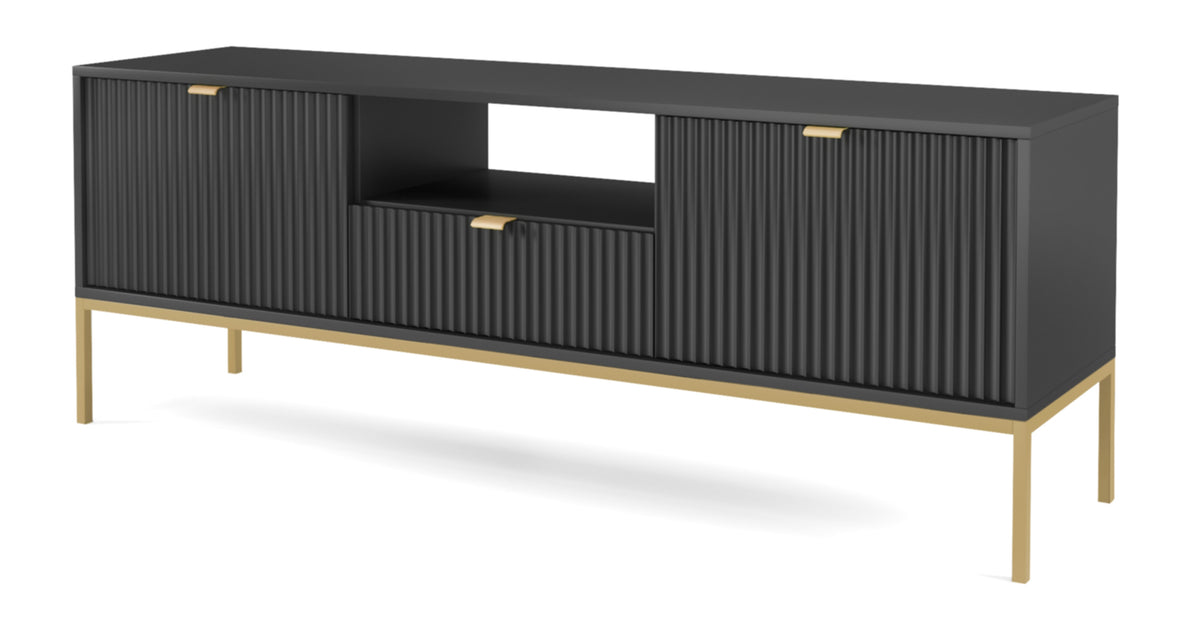Meuble TV Vellore 154 cm noir avec façades rainurées et structure dorée