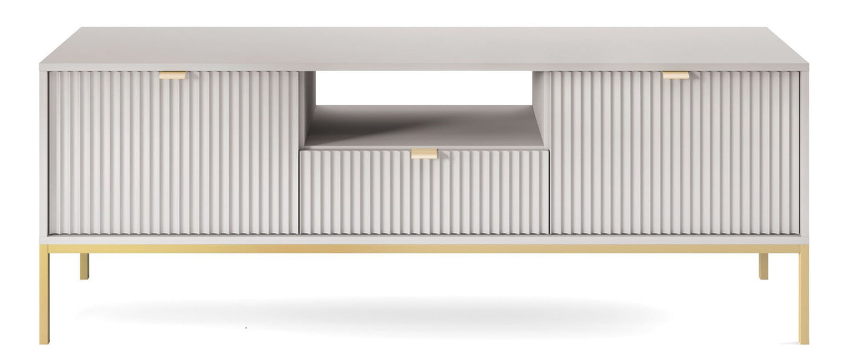 Meuble TV Vellore 154 cm gris avec façades rainurées et structure dorée