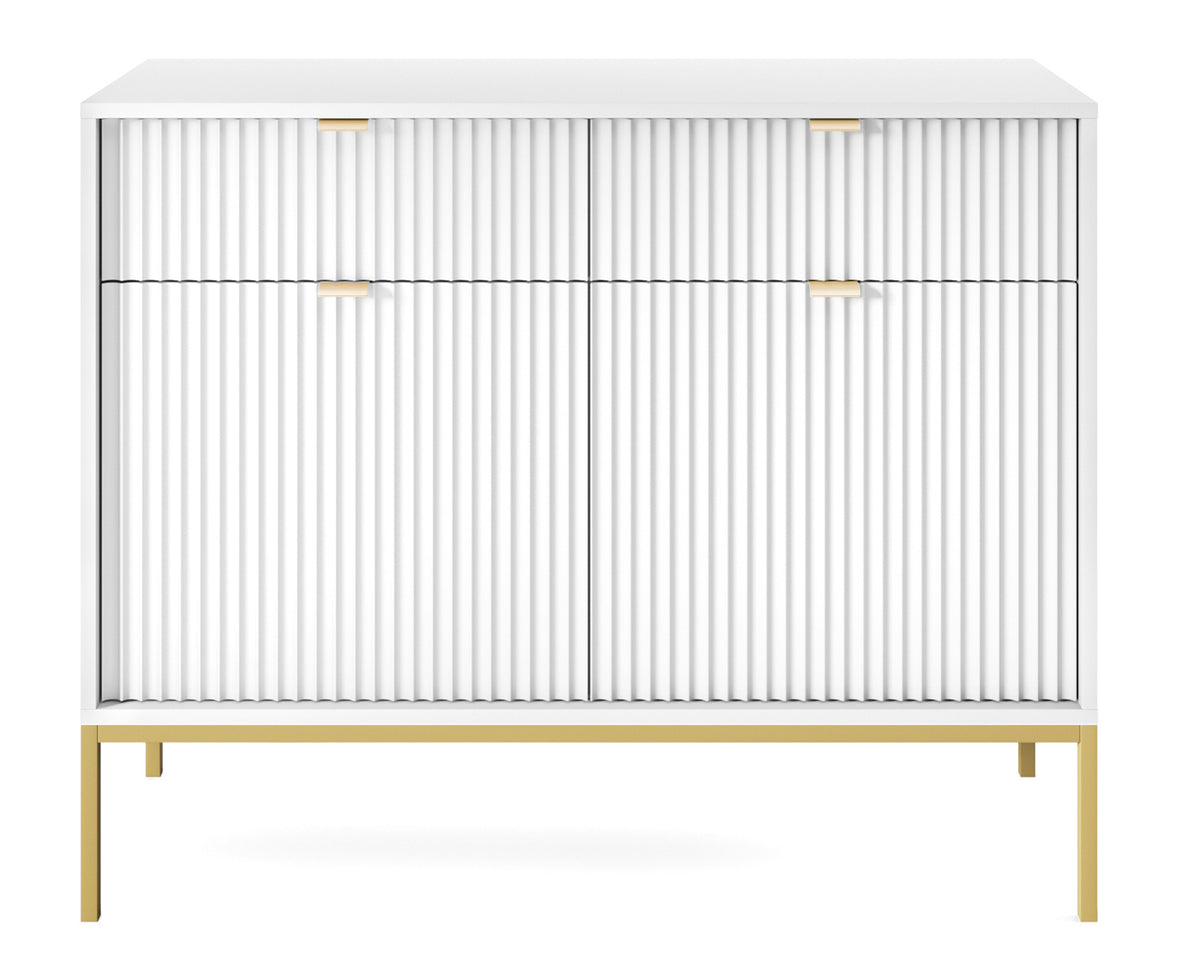 Commode 2 portes Vellore 104 cm blanche avec façades rainurées et structure dorée