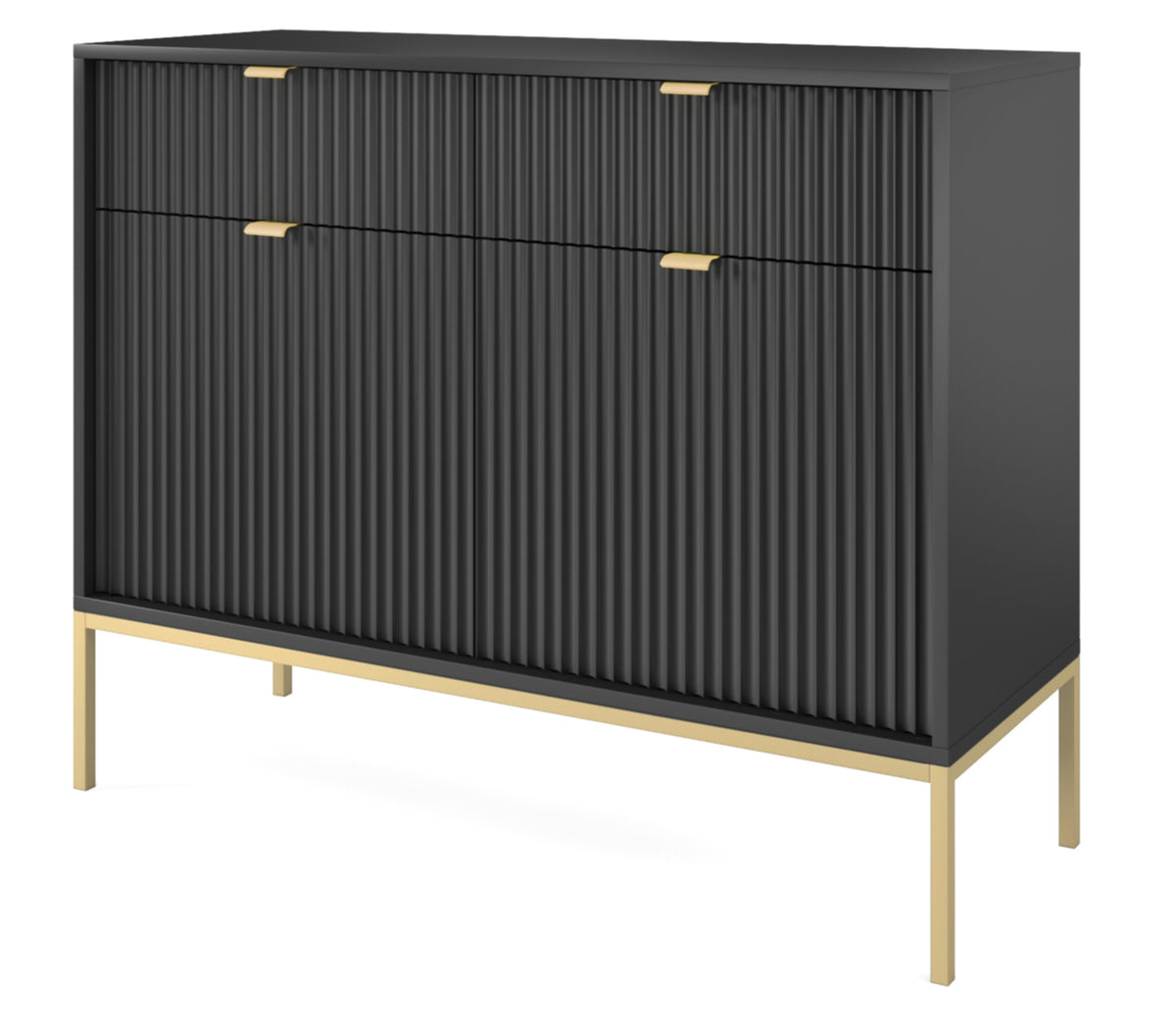 Commode 2 portes Vellore 104 cm noire avec façades rainurées et structure dorée