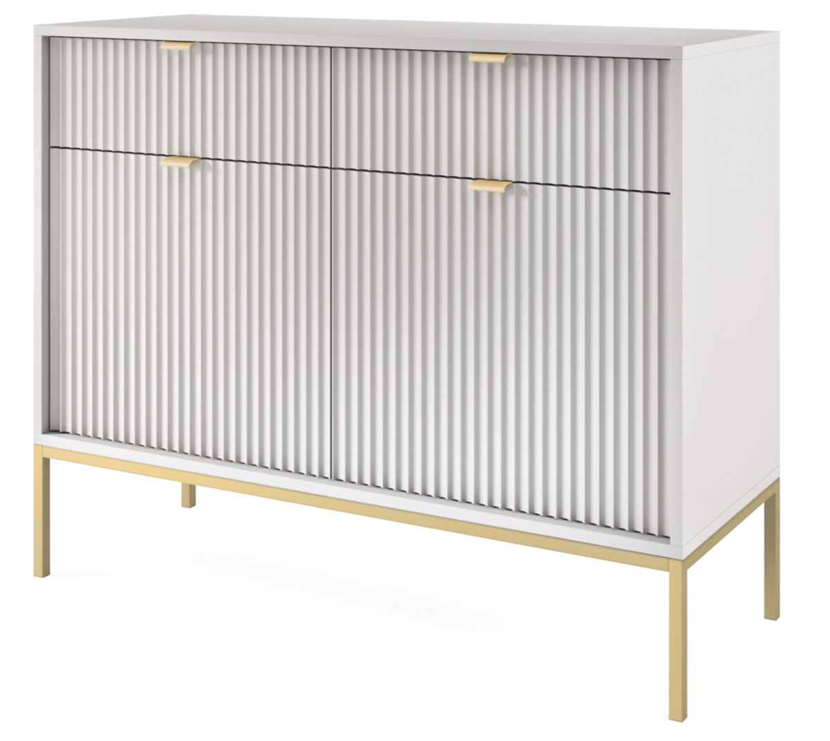 Commode 2 portes Vellore 104 cm grise avec façades rainurées et structure dorée