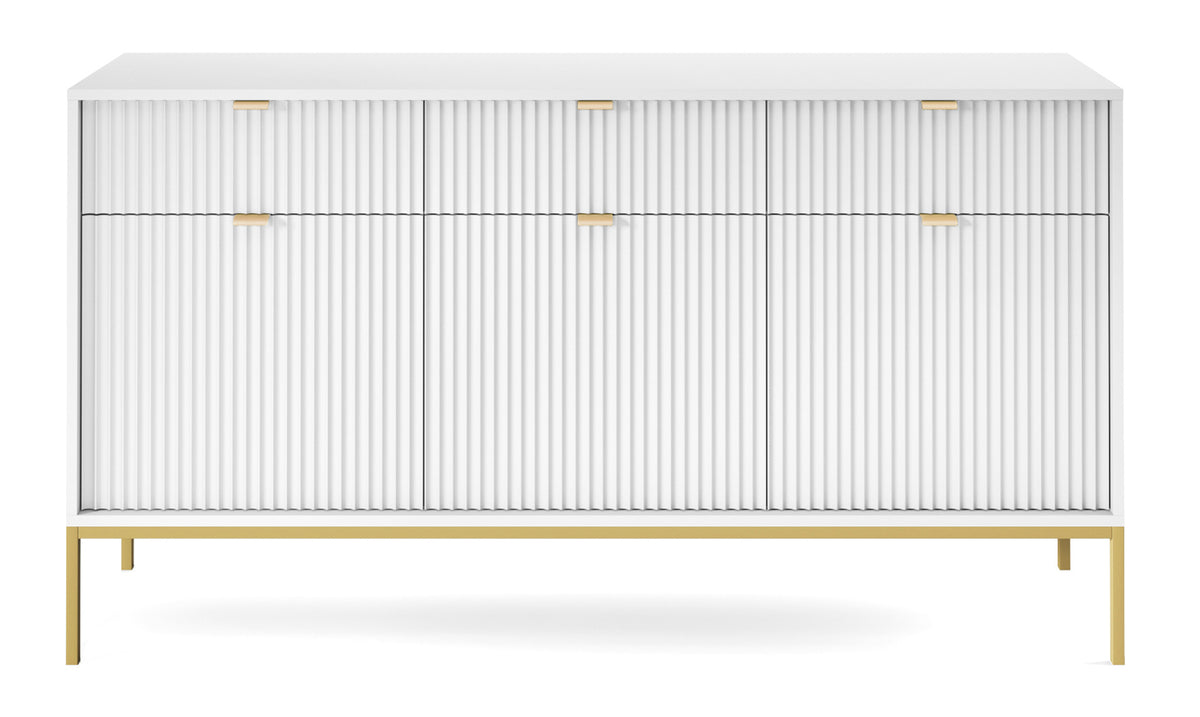 Commode 3 portes Vellore 154 cm blanche avec façades rainurées et structure dorée