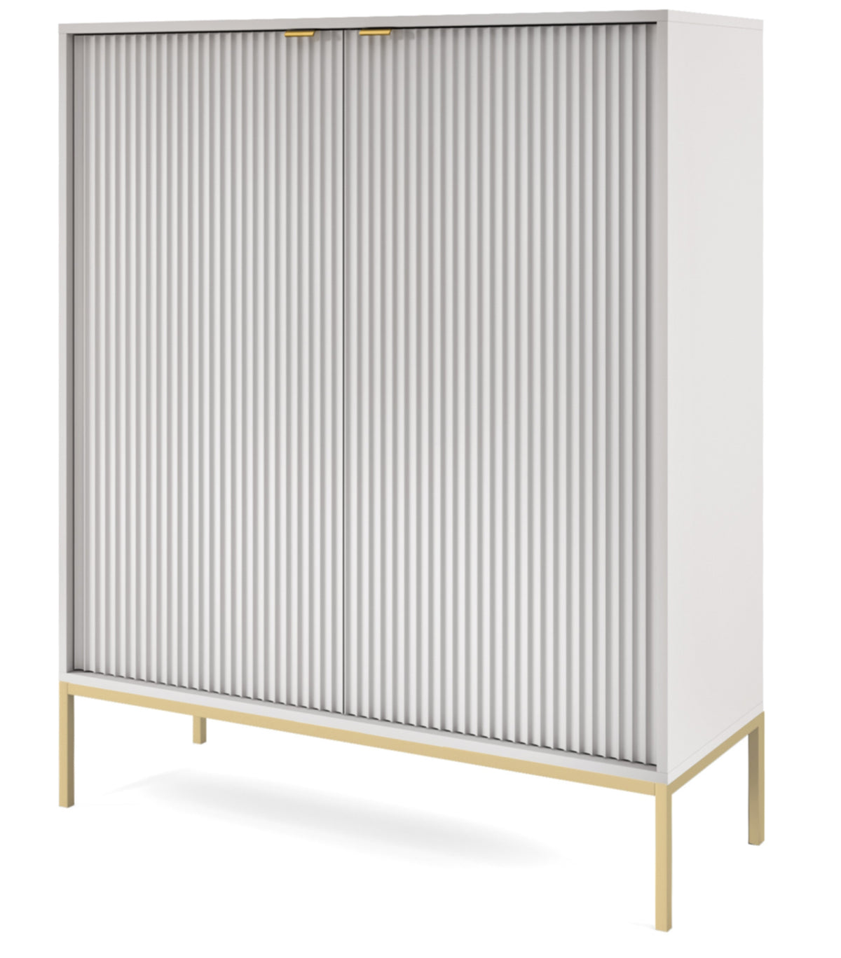 Commode haute Vellore grise avec façades rainurées et structure dorée