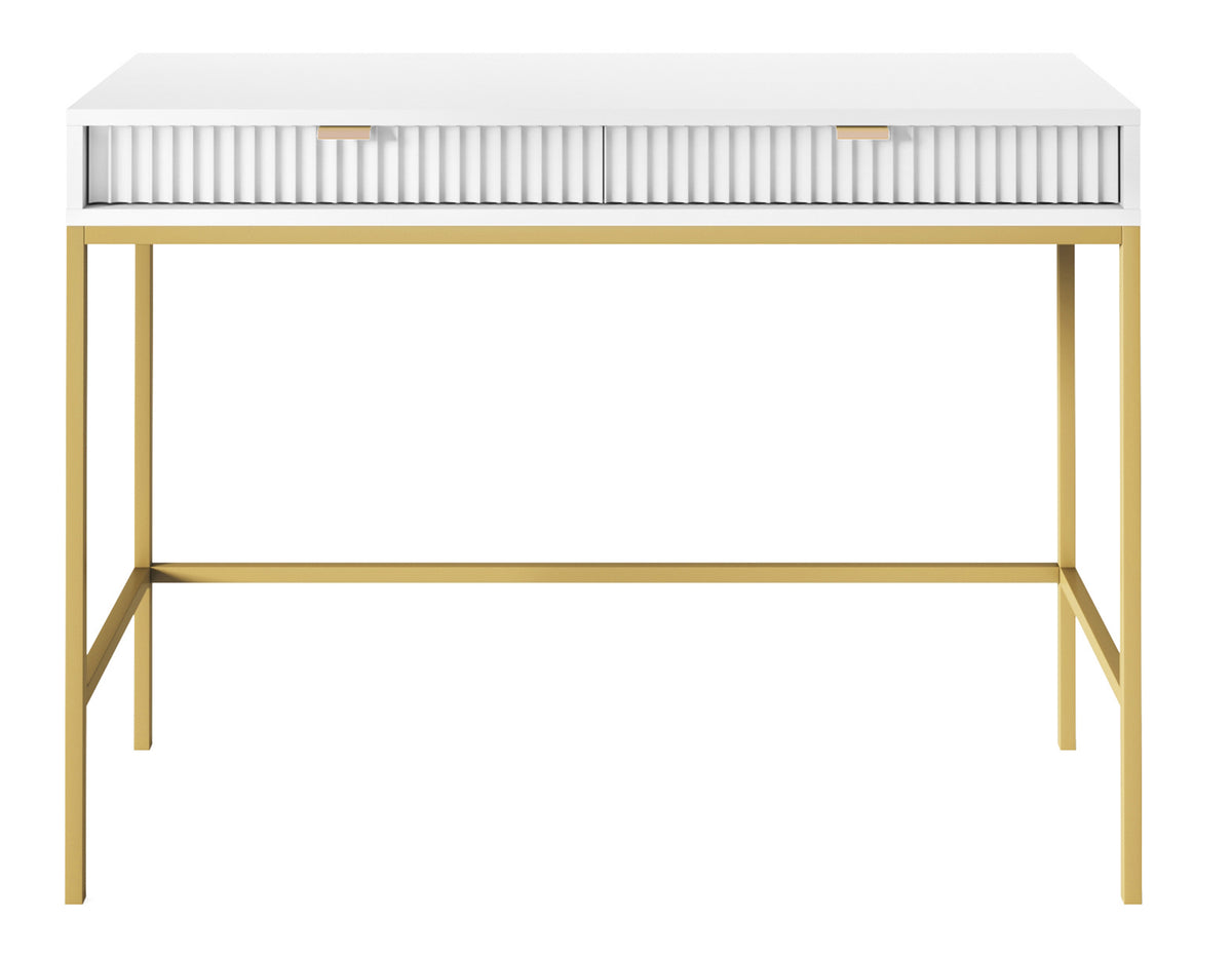 Bureau coiffeuse Vellore 104 cm blanc avec façades rainurées et structure dorée