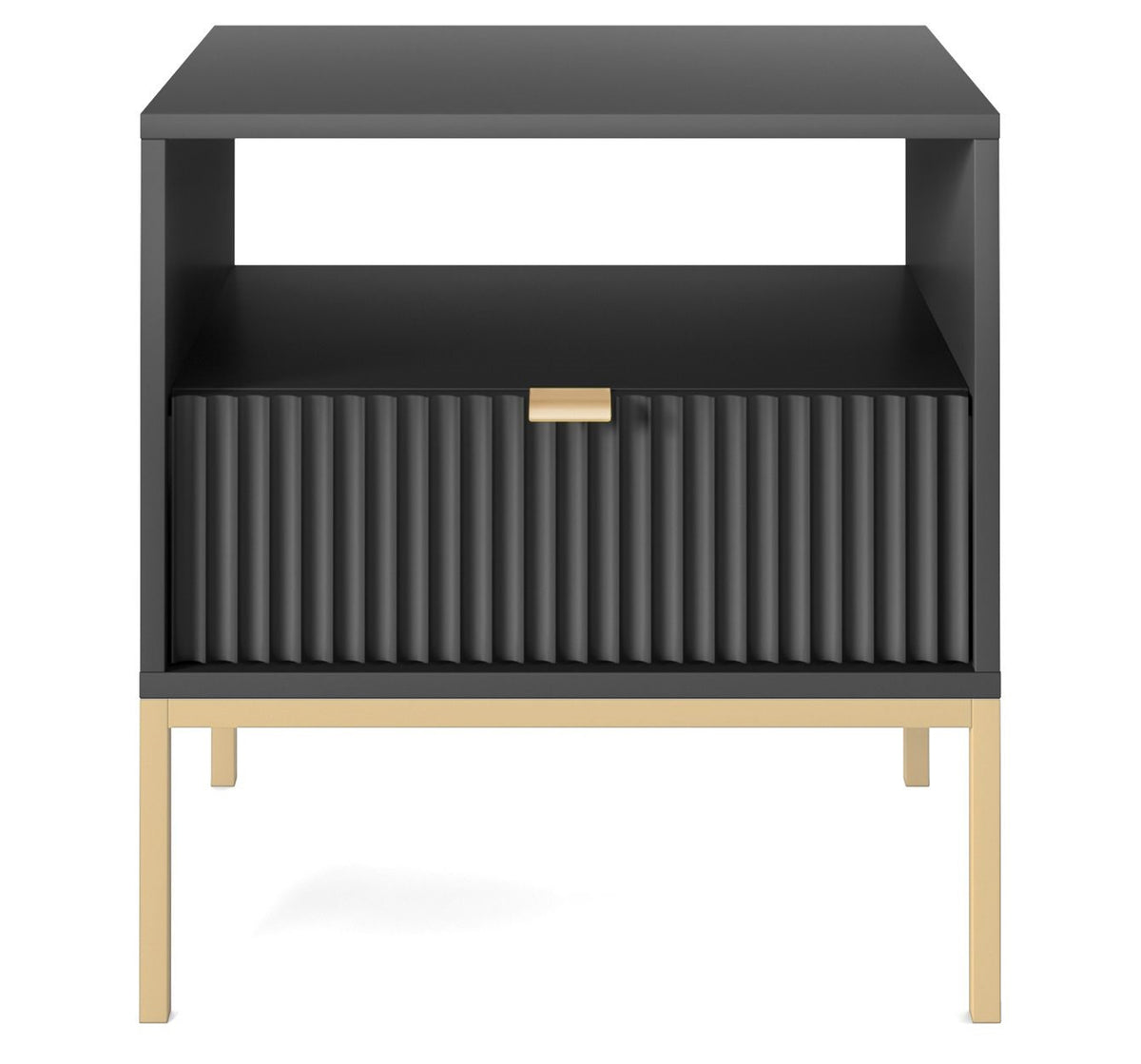 Nachttisch Vellore 54 cm schwarz mit geriffelter Front und goldenem Gestell