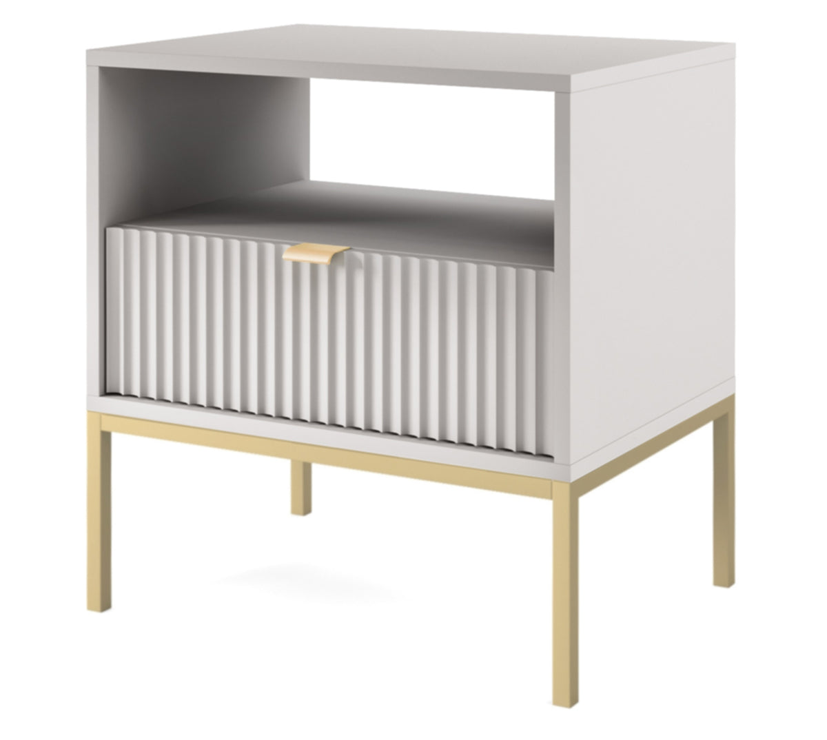 Table de chevet Vellore 54 cm grise avec façade rainurée et structure dorée