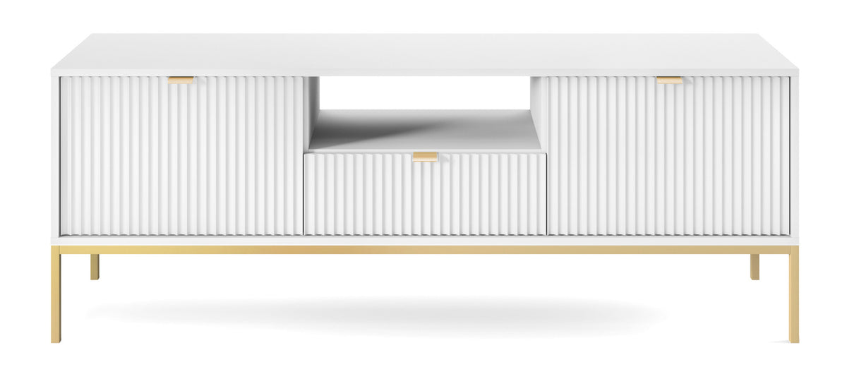 Meuble TV Vellore 154 cm blanc avec façades rainurées et structure dorée