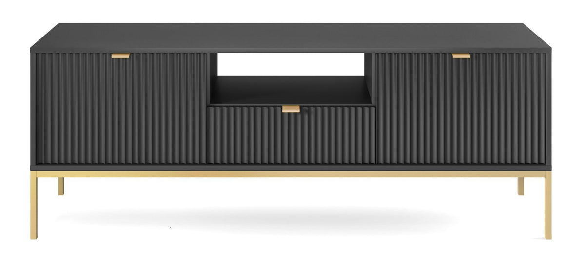 Meuble TV Vellore 154 cm noir avec façades rainurées et structure dorée