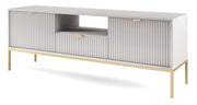 Meuble TV Vellore 154 cm gris avec façades rainurées et structure dorée
