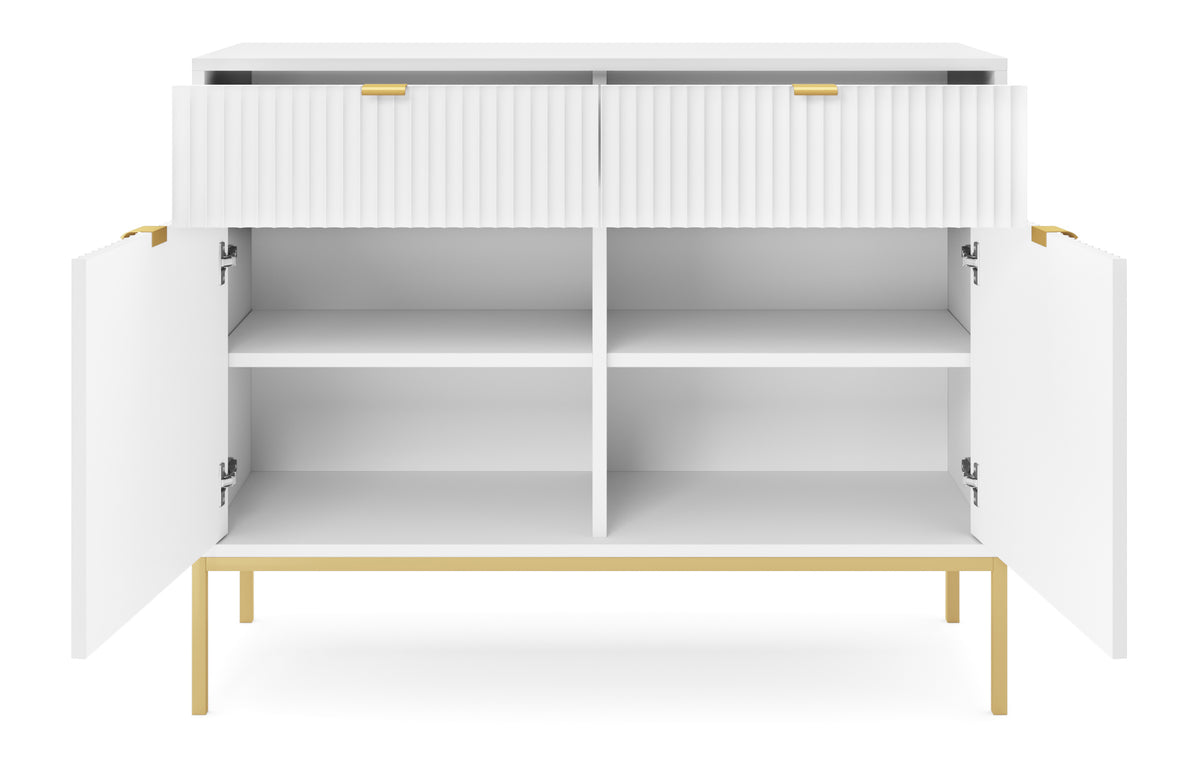 Commode 2 portes Vellore 104 cm blanche avec façades rainurées et structure dorée