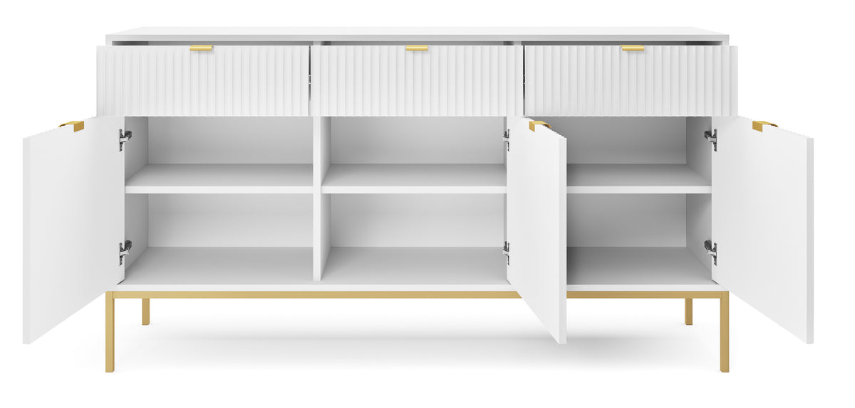 Commode 3 portes Vellore 154 cm blanche avec façades rainurées et structure dorée