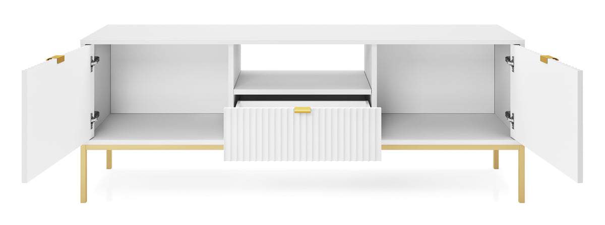 Meuble TV Vellore 154 cm blanc avec façades rainurées et structure dorée