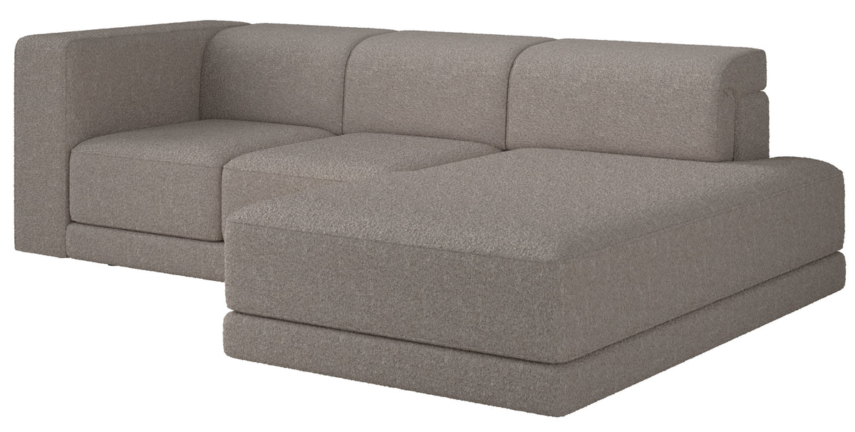Ecksofa Novals, L-förmig, rechtsseitig mit verstellbaren Kopfstützen, grau-beiger Bouclé-Stoff