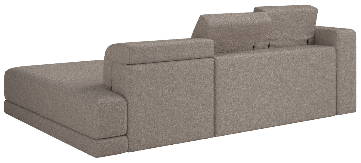 Ecksofa Novals, L-förmig, rechtsseitig mit verstellbaren Kopfstützen, grau-beiger Bouclé-Stoff