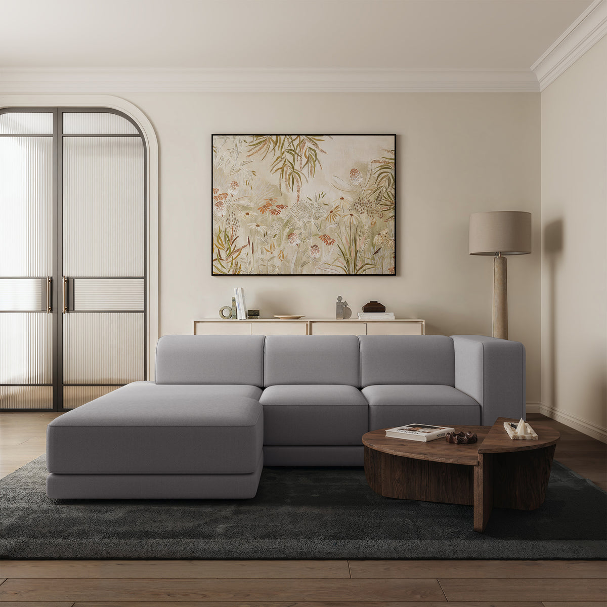 Canapé d'angle Novals en L, côté gauche, avec têtières réglables, tissu chenille gris