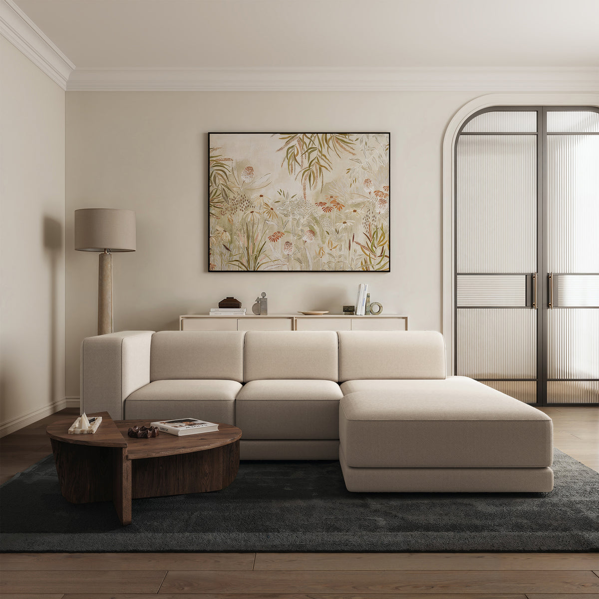 Ecksofa Novals, L-förmig, rechtsseitig mit verstellbaren Kopfstützen, beige Chenille
