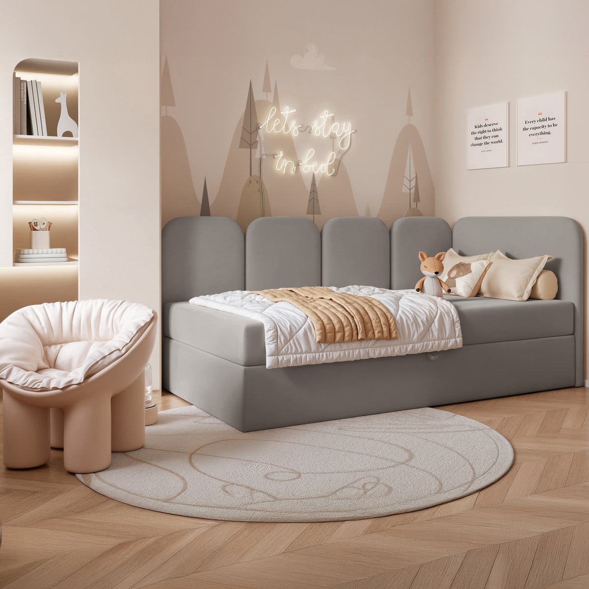 Lit jeune 90x200 cm Nubini droit avec rangement velours hydrofuge gris