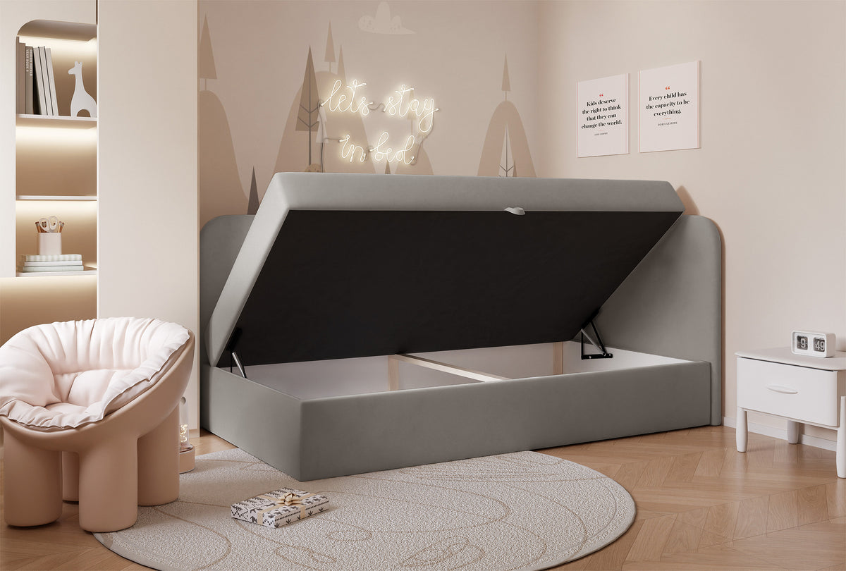 Lit jeune 90x200 cm Nubini droit avec rangement velours hydrofuge gris
