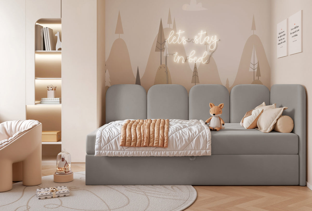 Lit jeune 90x200 cm Nubini droit avec rangement velours hydrofuge gris