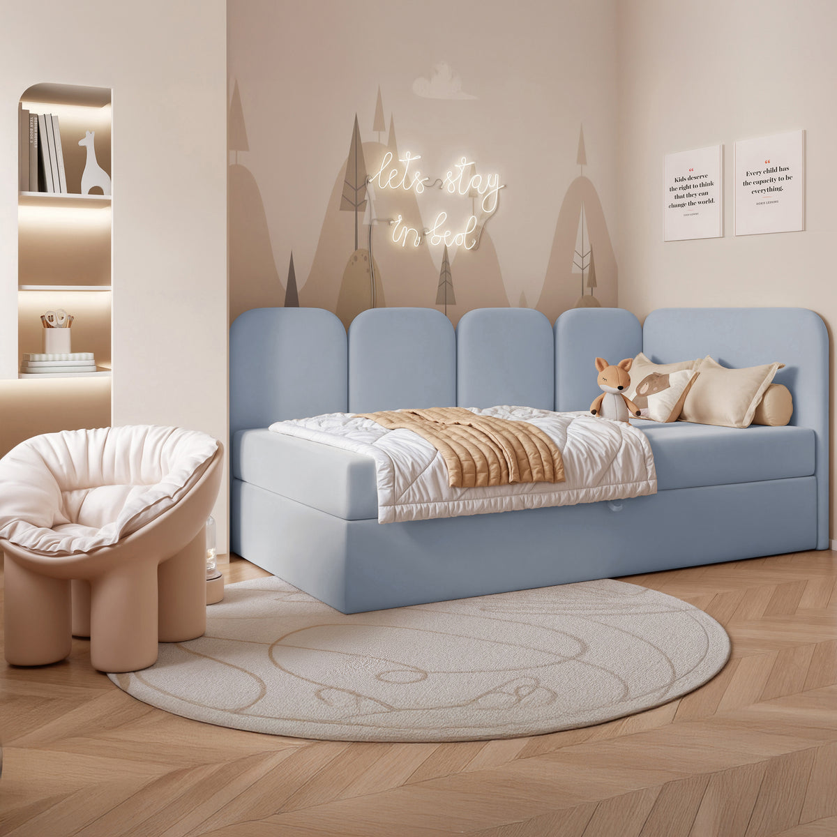 Lit jeune 90x200 cm Nubini droit avec rangement bleu velours hydrofuge