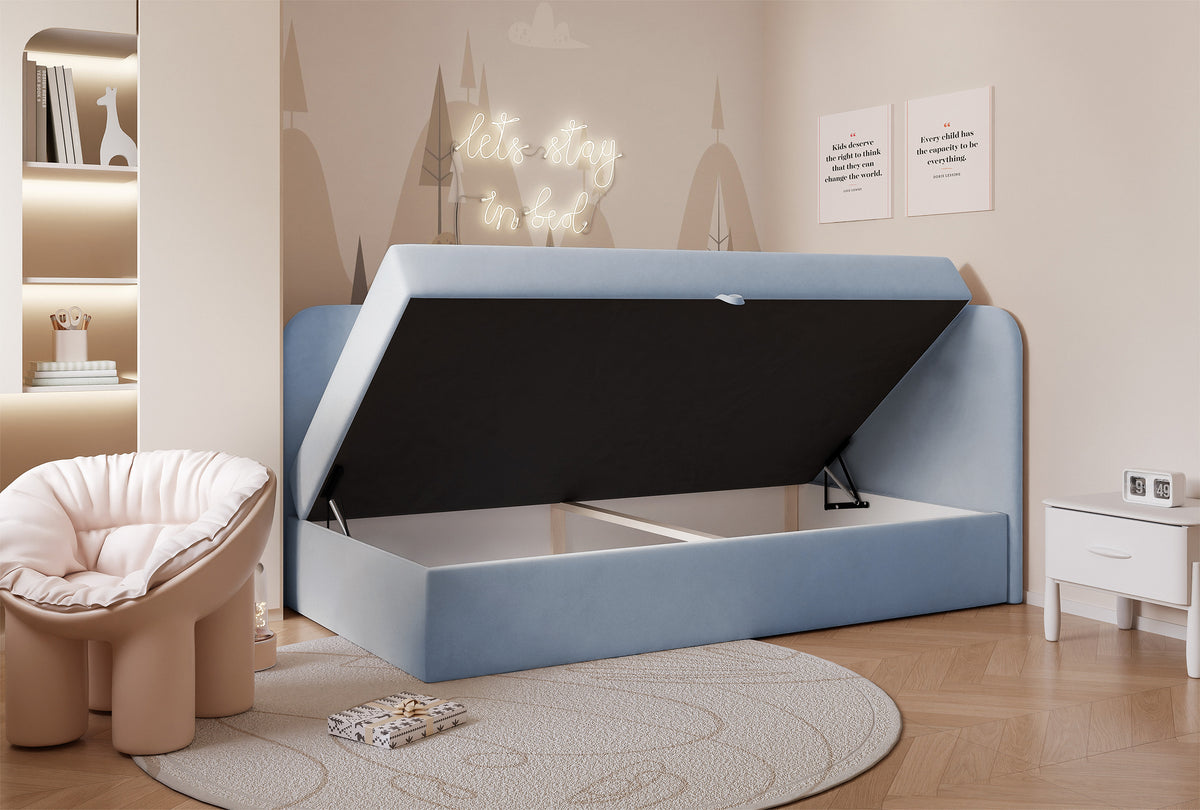 Lit jeune 90x200 cm Nubini droit avec rangement bleu velours hydrofuge
