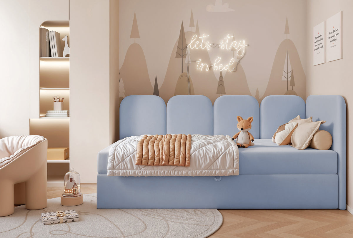 Lit jeune 90x200 cm Nubini droit avec rangement bleu velours hydrofuge