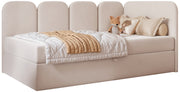 Lit 90x200 cm pour adolescent Nubini droit avec rangement, velours hydrofuge beige clair