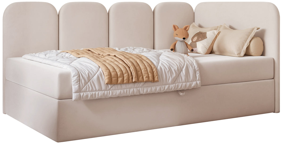 Lit 90x200 cm pour adolescent Nubini droit avec rangement, velours hydrofuge beige clair
