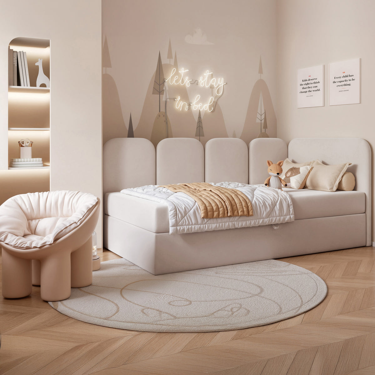 Lit 90x200 cm pour adolescent Nubini droit avec rangement, velours hydrofuge beige clair