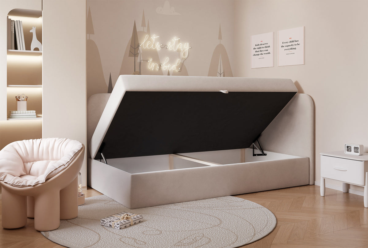 Lit 90x200 cm pour adolescent Nubini droit avec rangement, velours hydrofuge beige clair