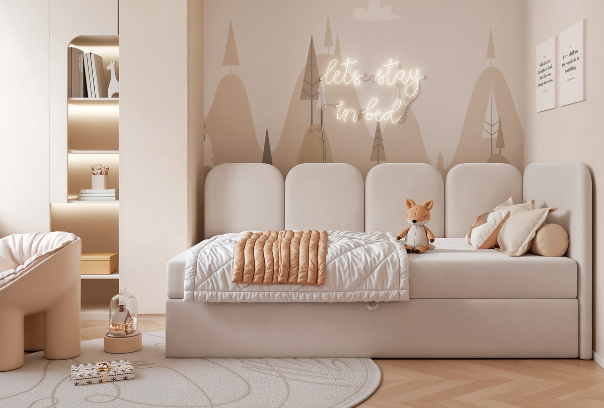 Lit 90x200 cm pour adolescent Nubini droit avec rangement, velours hydrofuge beige clair