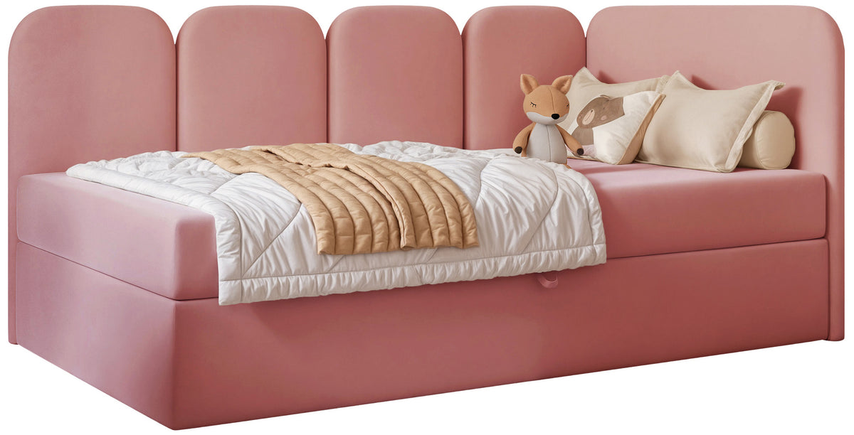 Jugendbett 90x200 cm Nubini rechtsseitig mit Stauraum rosa Velours wasserabweisend