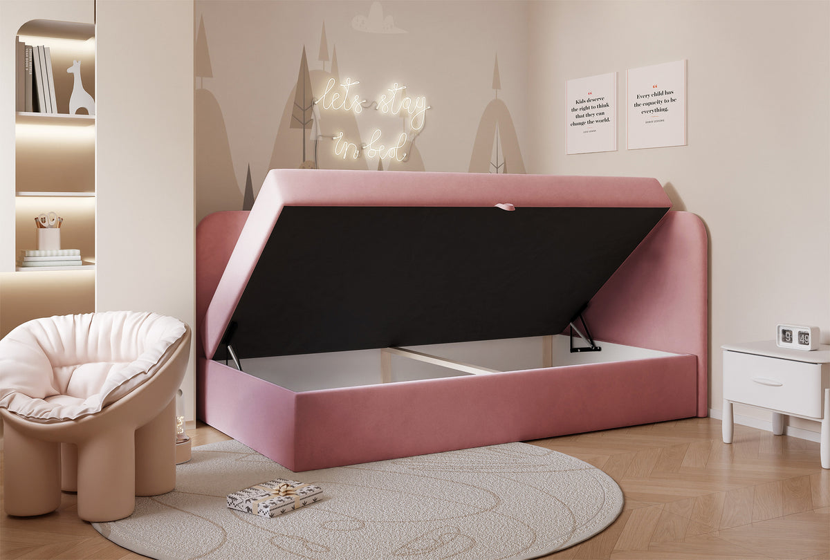 Jugendbett 90x200 cm Nubini rechtsseitig mit Stauraum rosa Velours wasserabweisend
