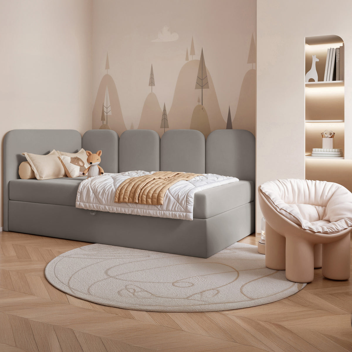 Lit junior 90x200 cm Nubini gauche avec rangement gris velours hydrofuge