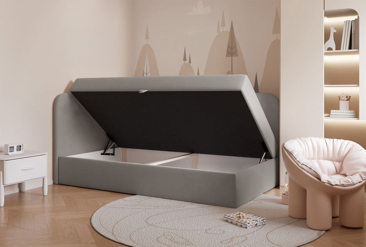 Lit junior 90x200 cm Nubini gauche avec rangement gris velours hydrofuge