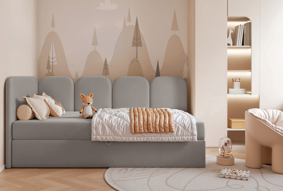 Lit junior 90x200 cm Nubini gauche avec rangement gris velours hydrofuge