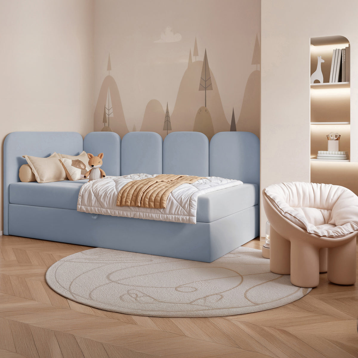 Lit jeune 90x200 cm Nubini gauche avec rangement velours hydrofuge bleu ciel